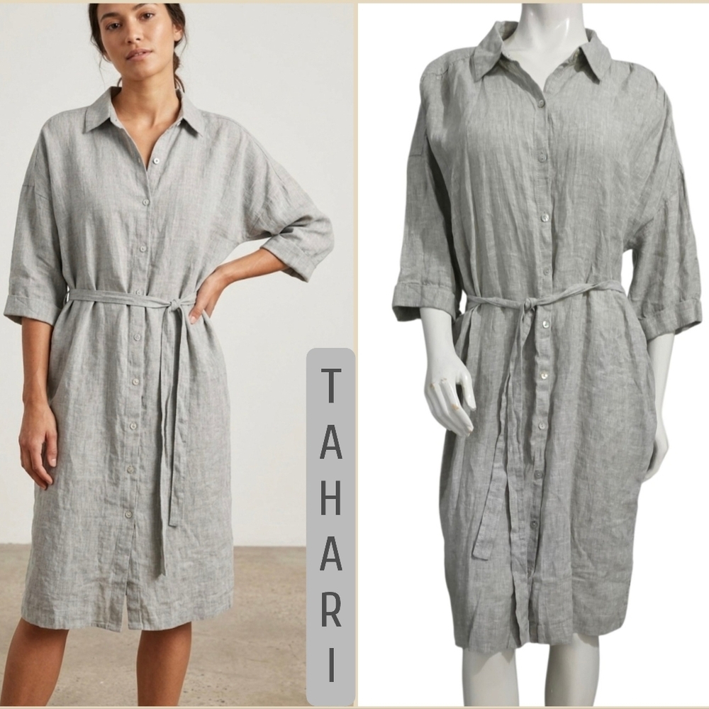 Tahari 100 % Linen Midi Shirt Dress XL NWT